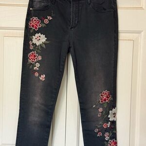 DRIFTWOOD Black and Red Skinny Jeans with Floral Embroidery